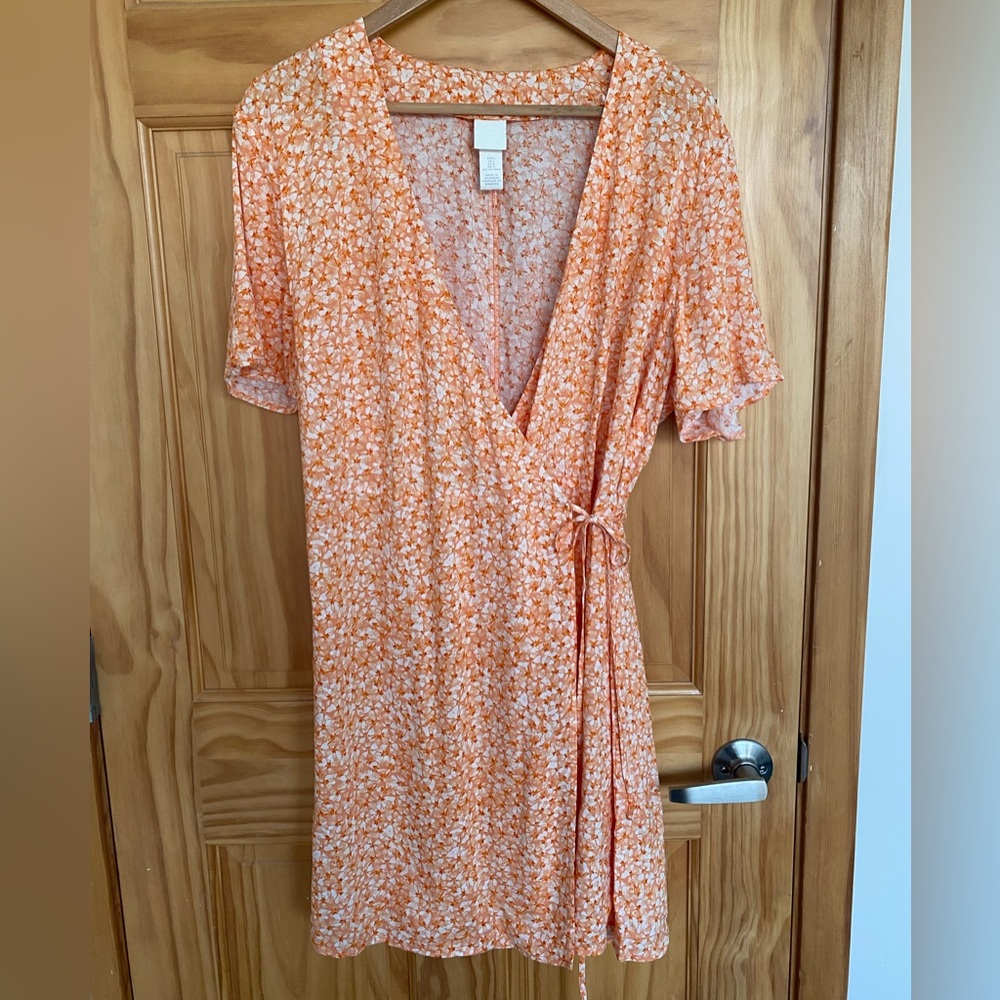 Orange floral printed wrap dress